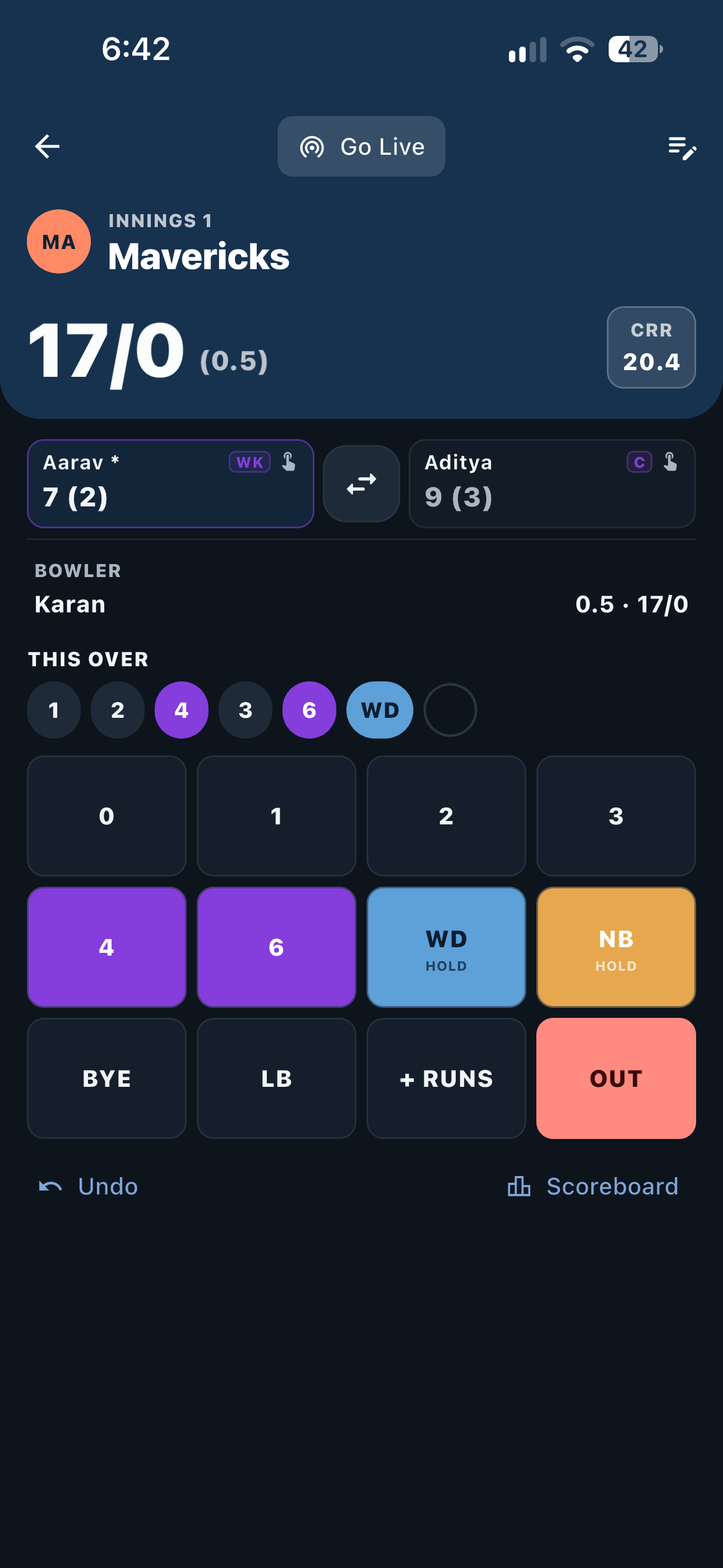 The current My Umpire scoring screen