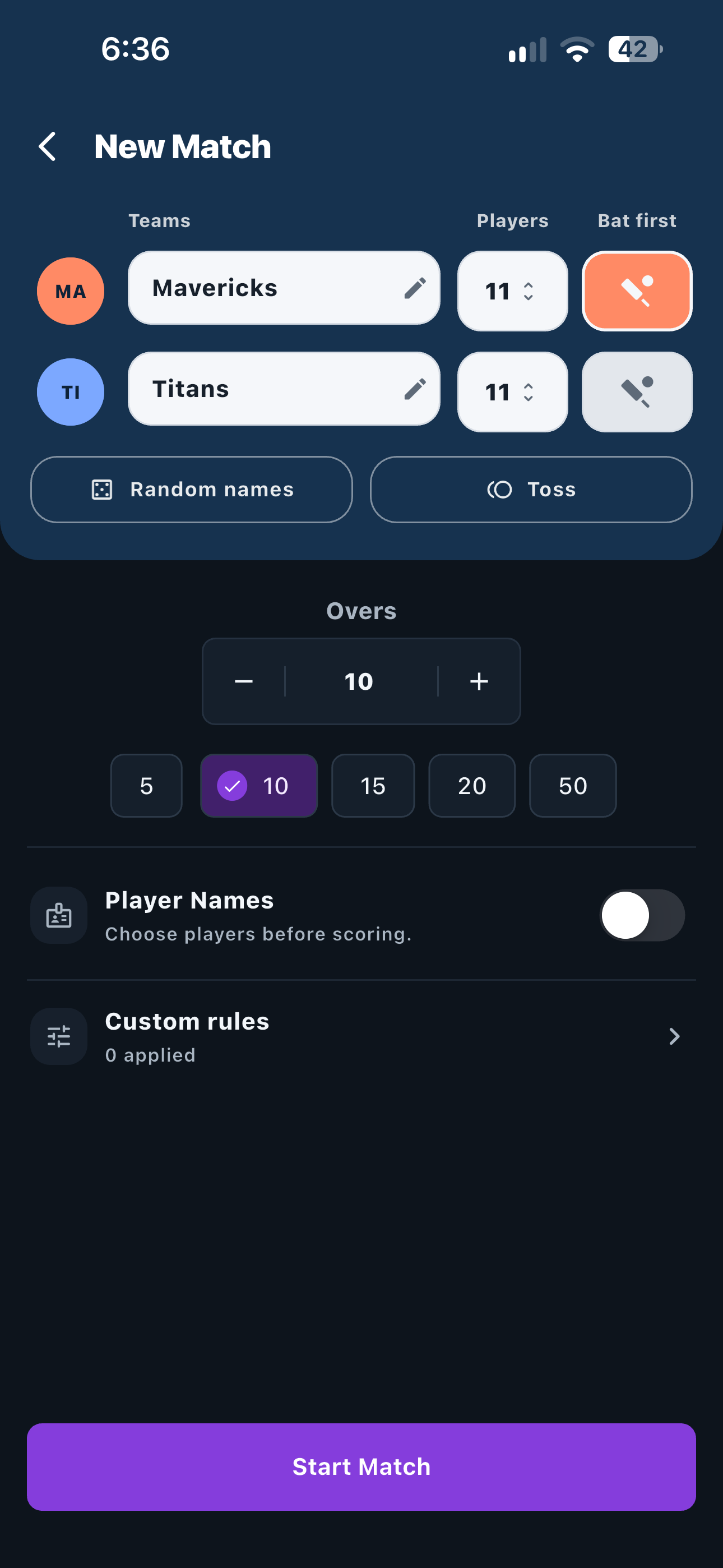 The current My Umpire match setup