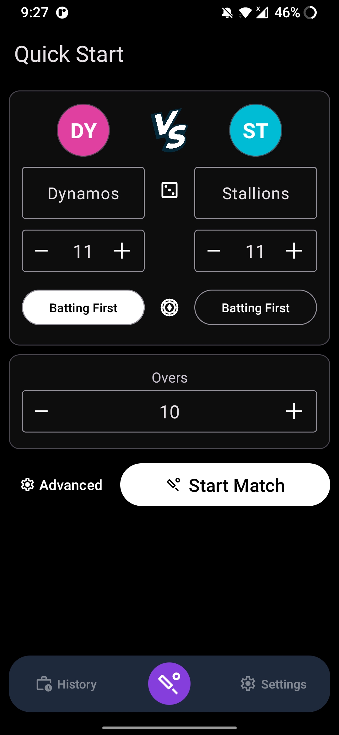 My Umpire version three quick start screen